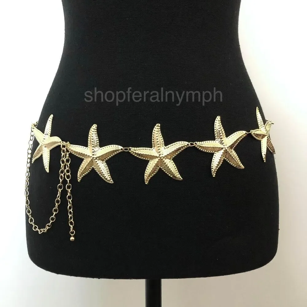 Vintage Y2K Mermaidcore Gold Starfish Chain Belt, Fits 13–44 Inches, X7GA1161